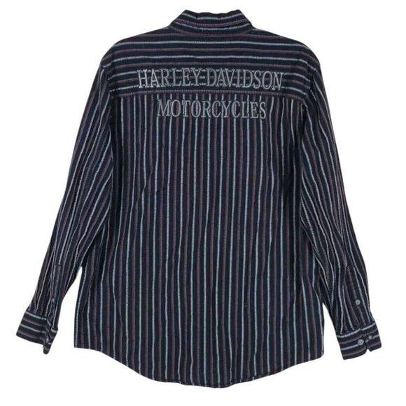 Harley Davidson Button Up Shirt Mens L Black Gray Striped LS Embroidered Logo - Picture 8 of 13